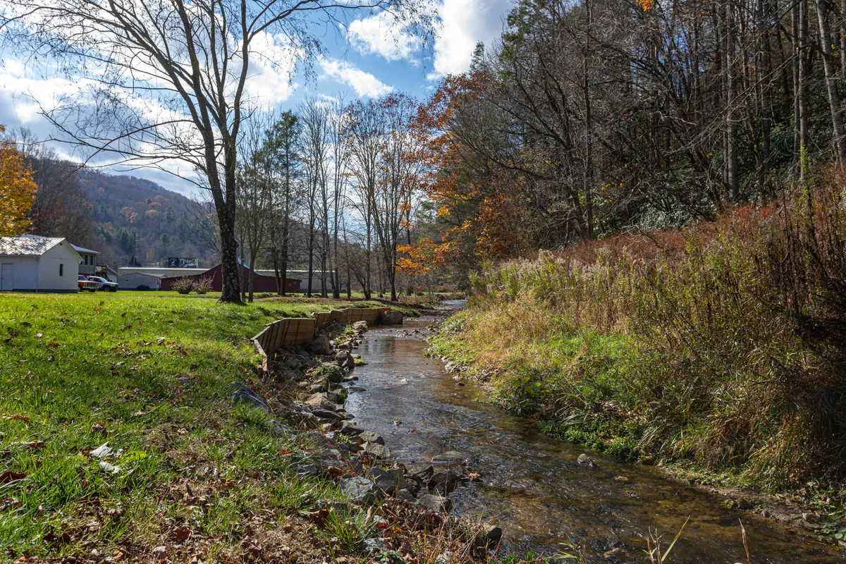 A serene mountain stream winds its way through a green landscape of trees and grass, with distant mountains providing a peaceful backdrop. The image captures the sounds and tranquility of the creek, a key feature referenced in the section for both ambiance and pet-friendly access.