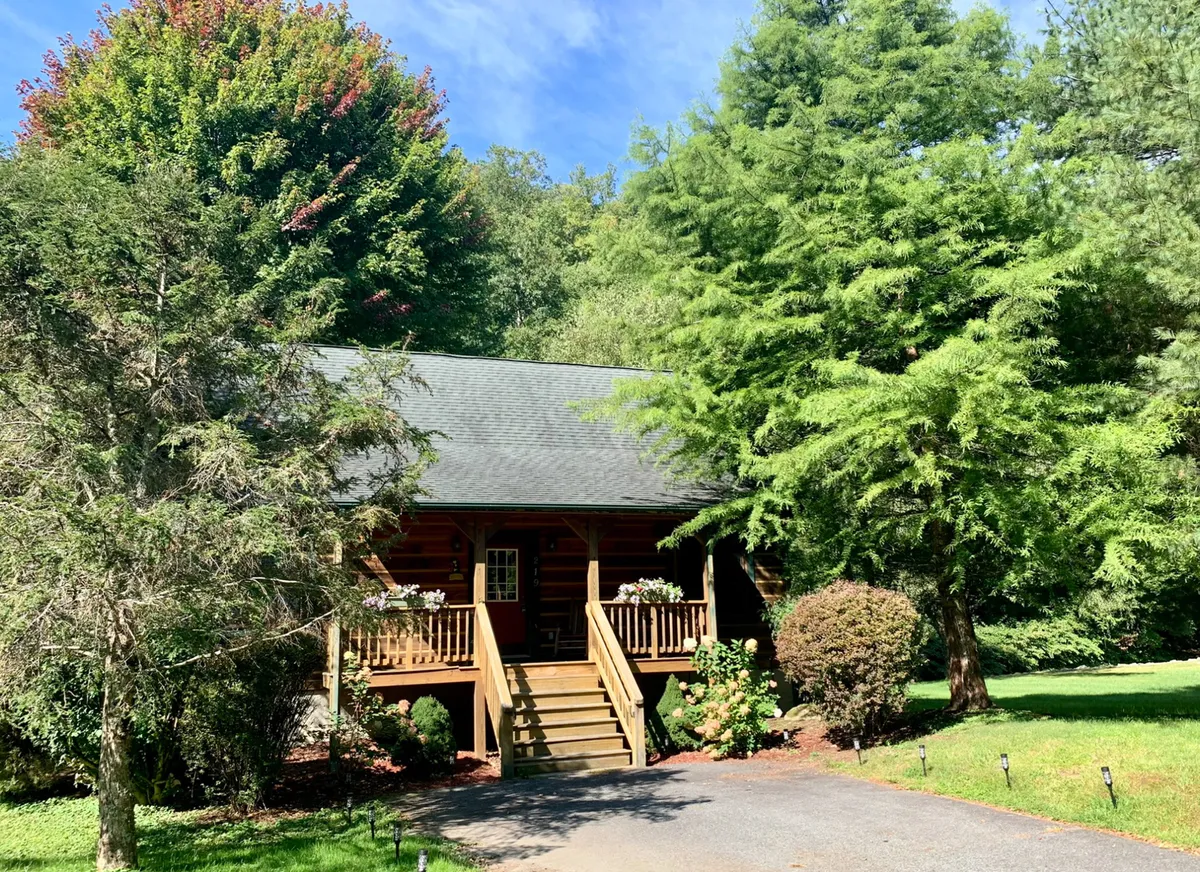 A log cabin exterior featuring sturdy wooden steps, vibrant flower planters, and a backdrop of rich greenery. The porch provides space for enjoying fresh air and keeping an eye on pets.